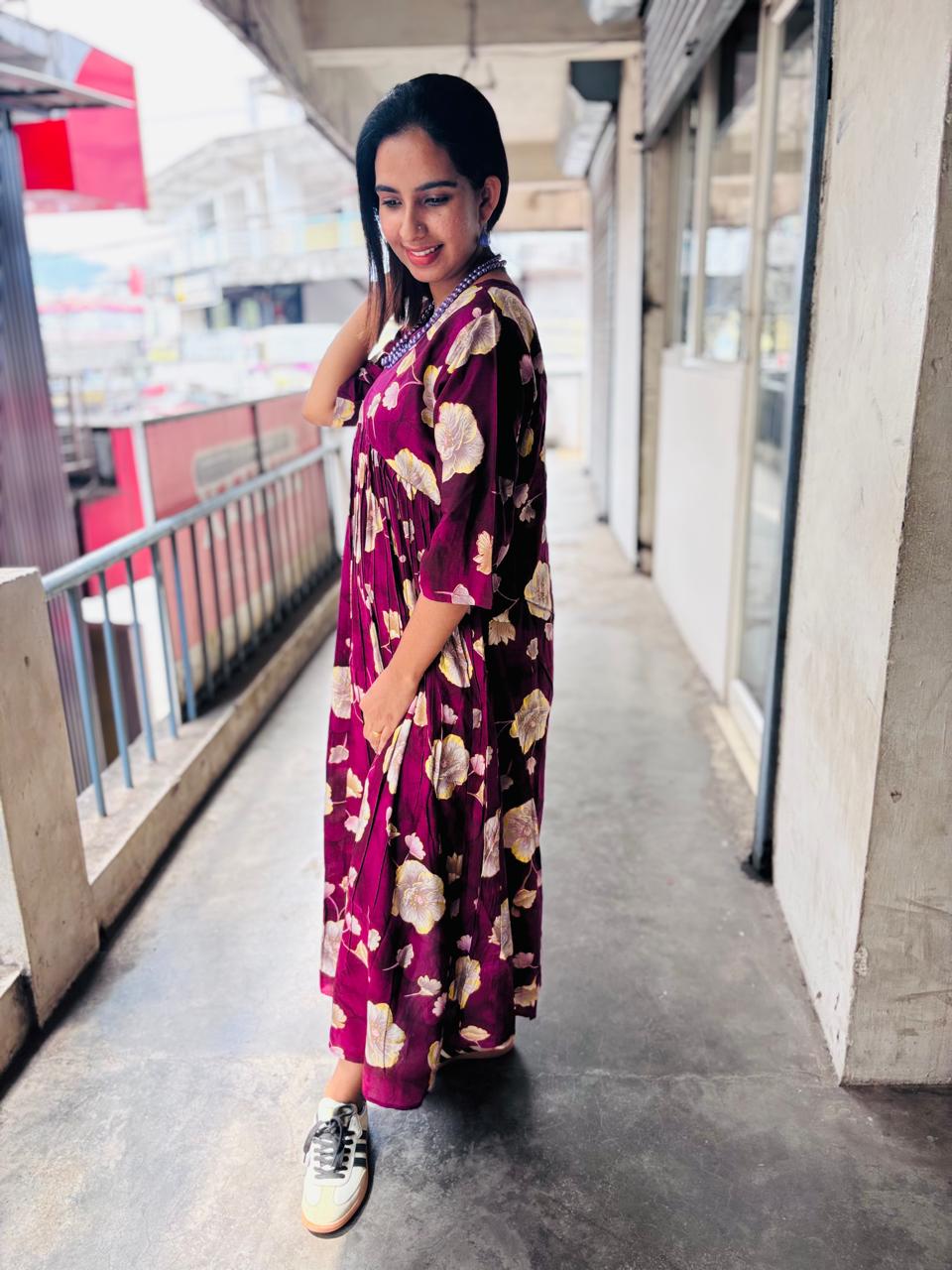 Maroon floral print frock - View 2