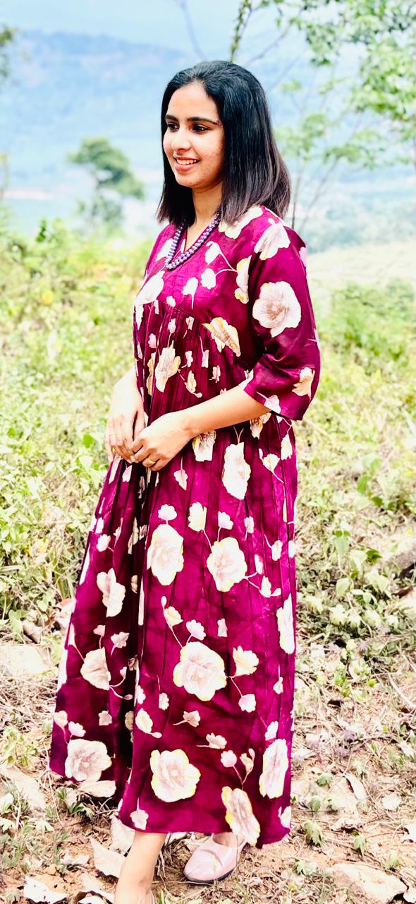 Maroon floral print frock